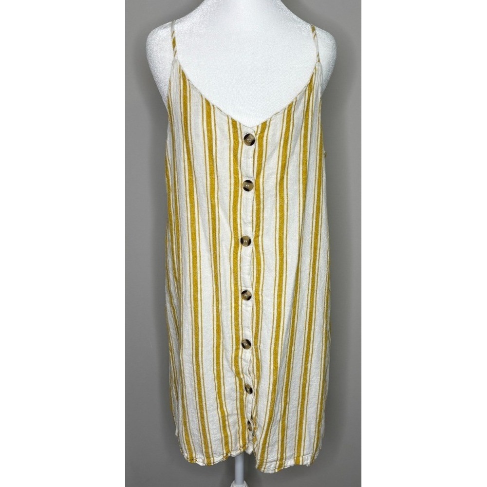 Altar'd State Womens Yellow White Striped Linen Blend Button Front‎ Mini Dress M